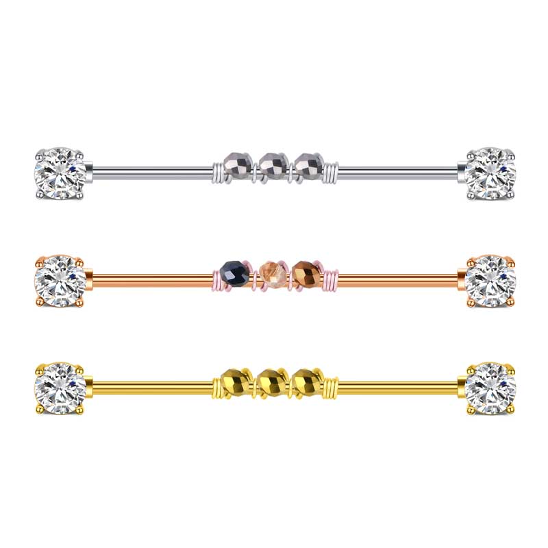 CZ External Thread Stainless Steel Industrial Barbell Piercing 14G 38mm for women men