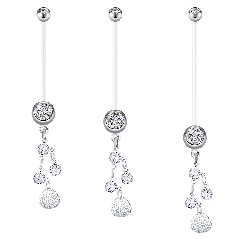 14G Silver Shell Pendant Inlaid CZ Pregnancy Belly Rings 32MM 35MM 38MM Available