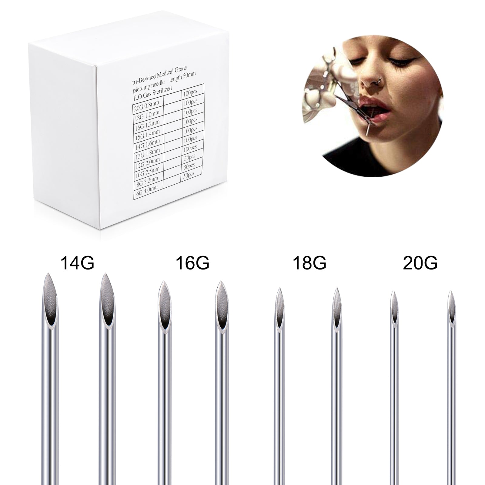 100PCS Mixed Body Piercing Needles, 14G 16G 18G 20G Stainless Steel Sterile Disposable Ear Nose Navel Nipple Lip Piercing Needles