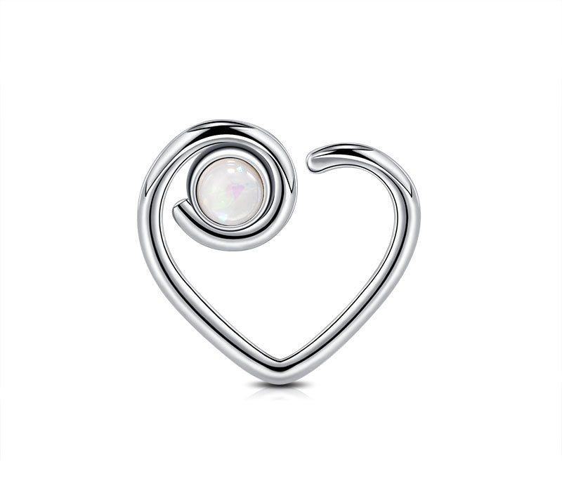 16G Heart Shaped  Daith Earring Silver with Opal