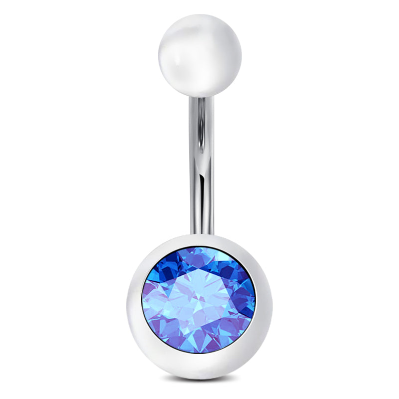 clear ball with Light Blue CZ Navel Ring