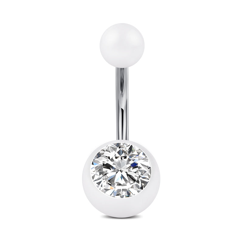 Clear CZ Inlaid White Ball Belly Ring