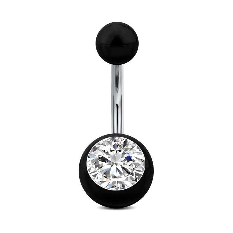 Clear CZ Inlaid Black Ball Belly Ring