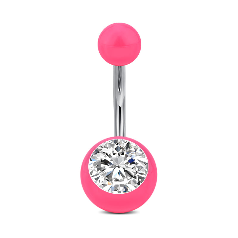 Clear CZ Inlaid Pink Ball Belly Ring