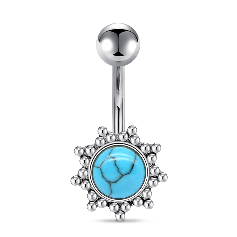 Vintage Turquoise Sun Belly Ring Silver