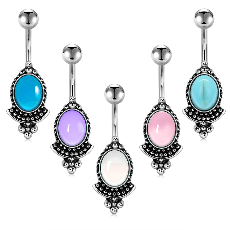 Vintage Oval Gem Belly Ring Belly Button Rings Stainless Steel 14G Navel Piercing Jewelry