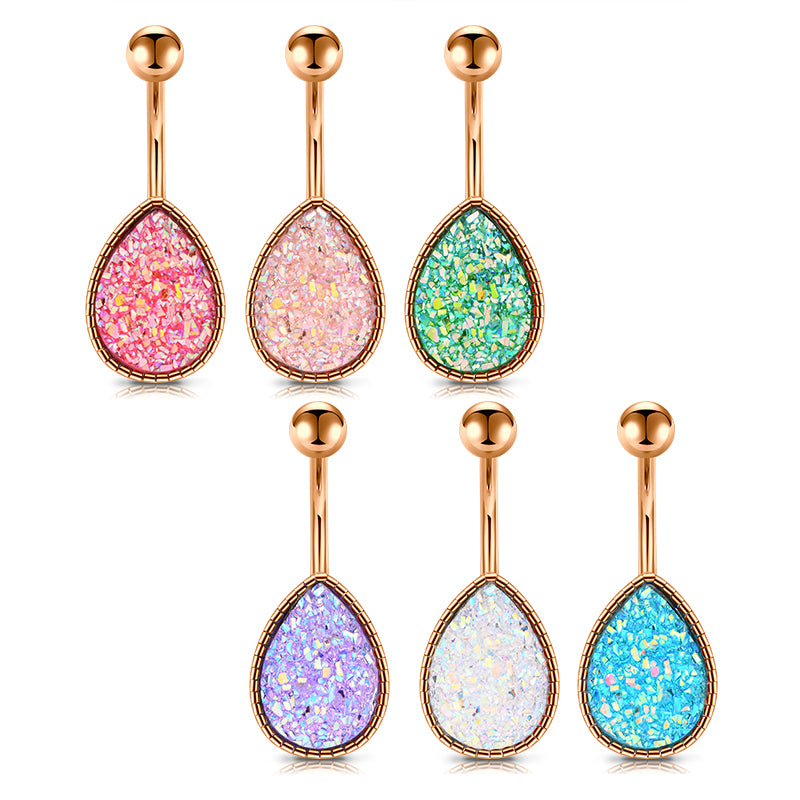 Drip Sand Glitter Belly Button Ring 14G Surgical Steel Rose Gold Navel Belly Ring Piercing Jewelry