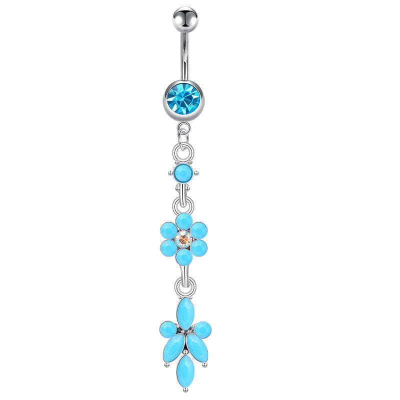 Blue Flower and Leaf Belly Ring