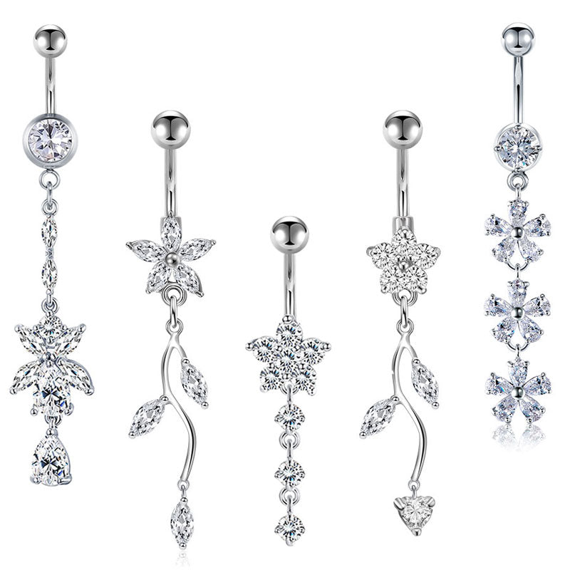 Dangle Flower Belly Button Ring 14G Surgical Steel CZ Pendant Navel Ring Piercing Jewelry