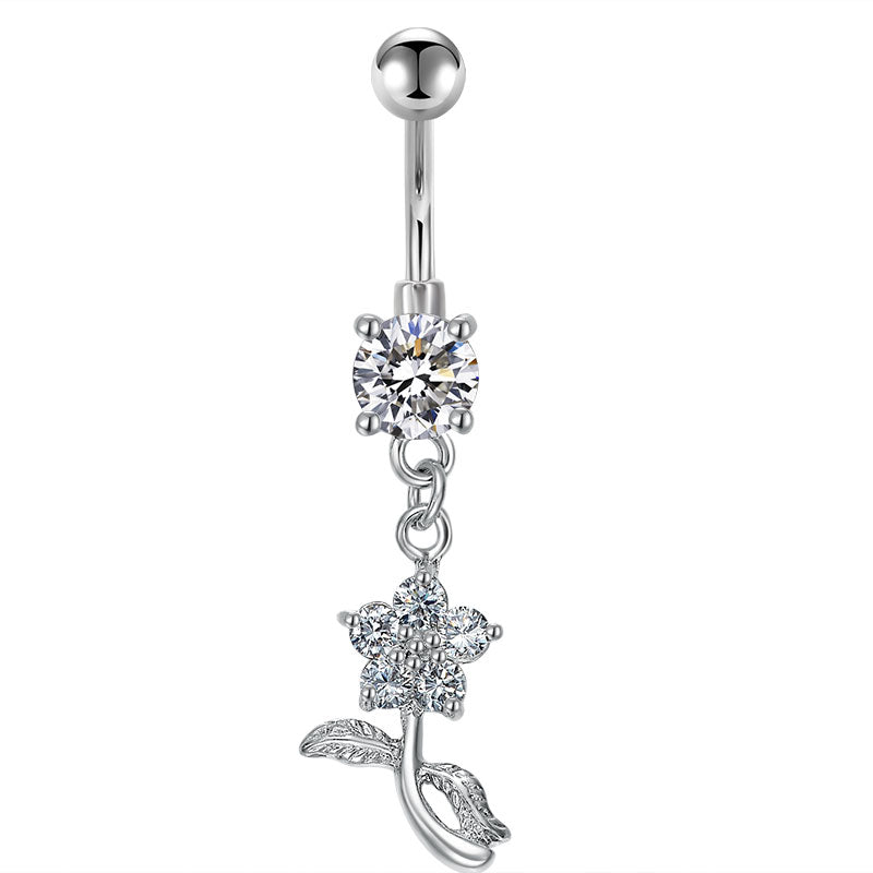 White CZ Flower dangle Belly Rings