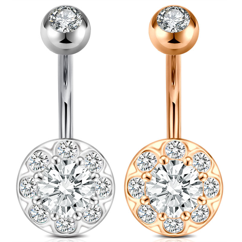 Cubic Zirconia Inlaid Flower Belly Button Ring 14G Surgical Steel Navel Ring Piercing Jewelry