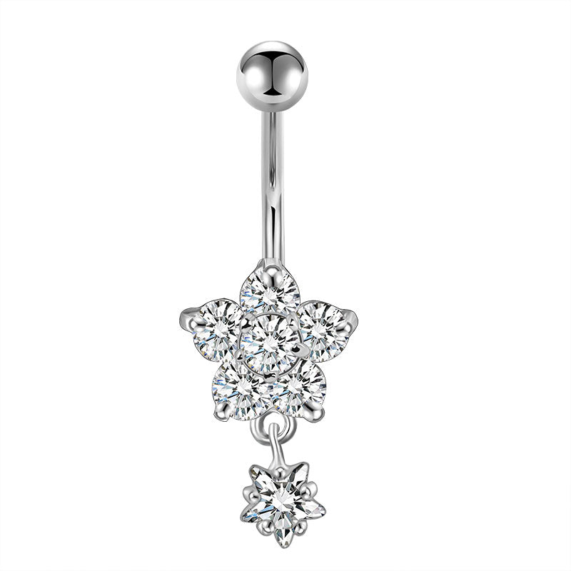 Shiny CZ Flower Dangle Belly Button Ring 14G Surgical Steel CZ Navel Ring Piercing Jewelry