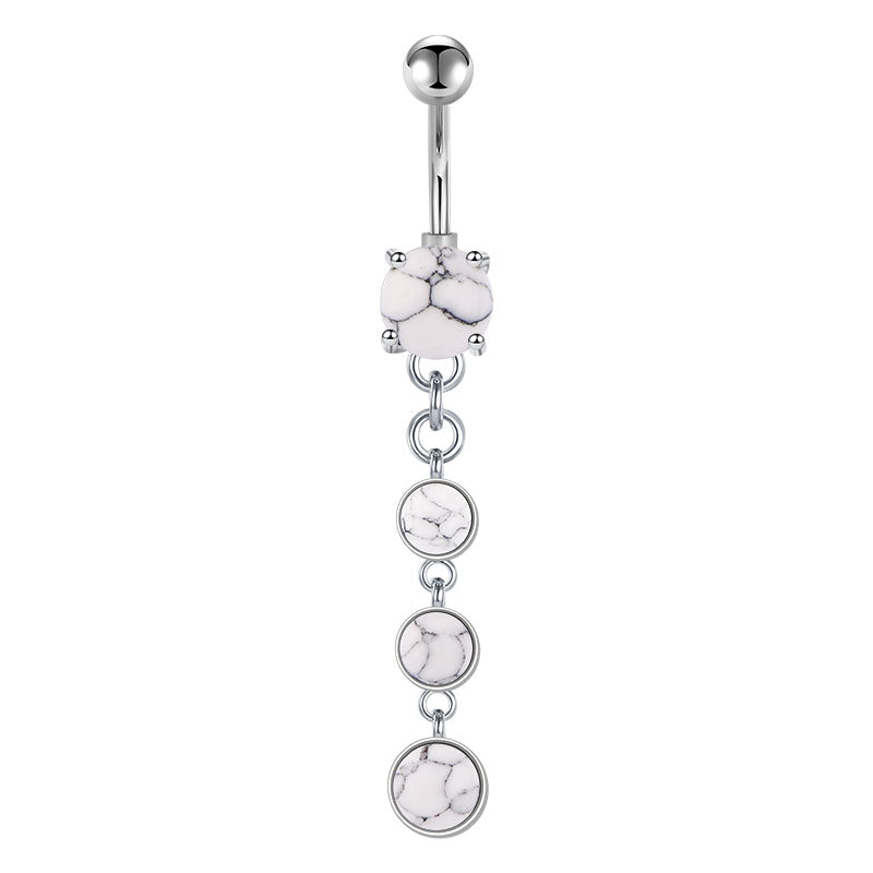 White Marble Stone Dangled Belly Button Ring Silver