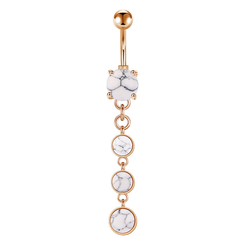White Marble Stone Dangled Belly Button Ring Rose Gold