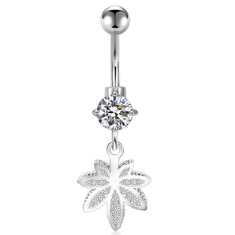 Silver CZ Leaf Pendant Belly Ring