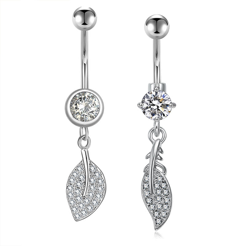 CZ Paved Leaf Dangling Belly Button Ring 14G Surgical Steel CZ Navel Ring Piercing Jewelry