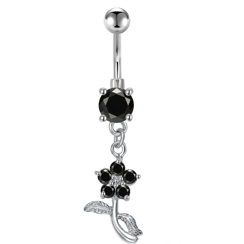 Black CZ Flower dangle Belly Rings