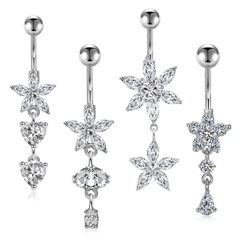 CZ Flower Dangle Belly Button Ring 14G Surgical Steel CZ Pendant Navel Ring Piercing Jewelry