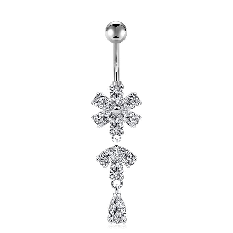 Shiny CZ Flower Dangle Belly Button Ring 14G Surgical Steel CZ Navel Ring Piercing Jewelry