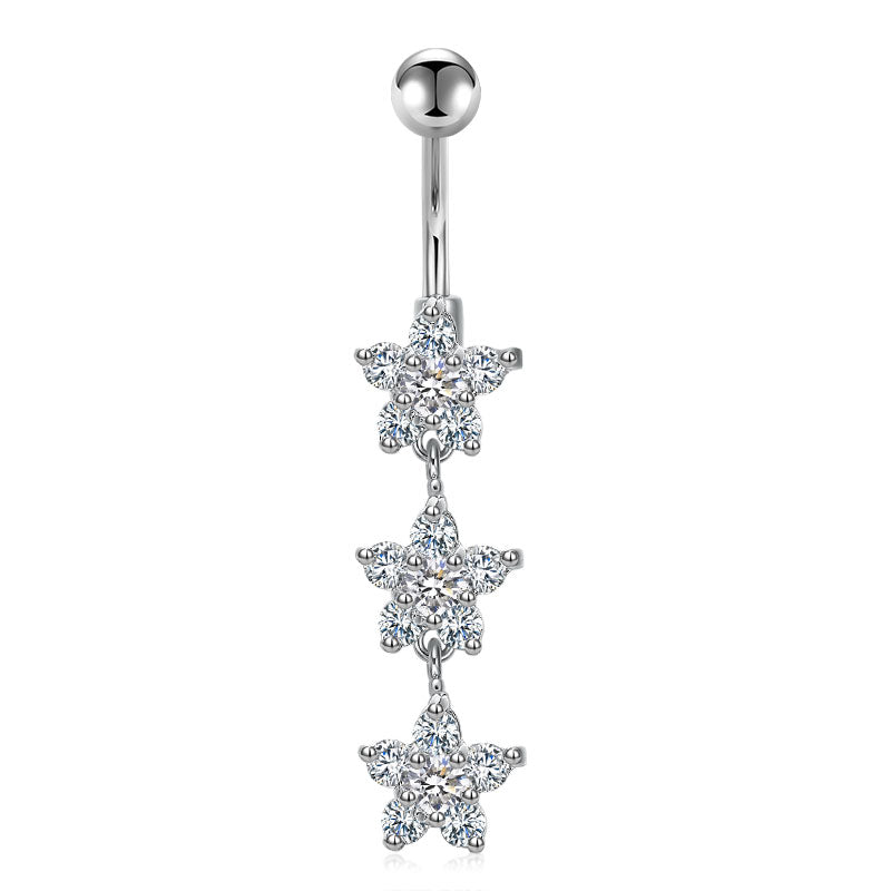 Shiny CZ Flower Dangle Belly Button Ring 14G Surgical Steel CZ Navel Ring Piercing Jewelry