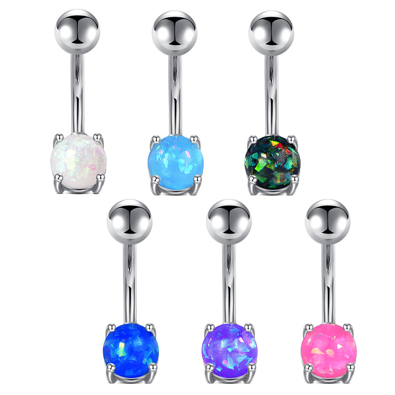 Small Opal 4-Prong Belly Button Ring 6MM Bottom Opal Stone Silver Belly Ring