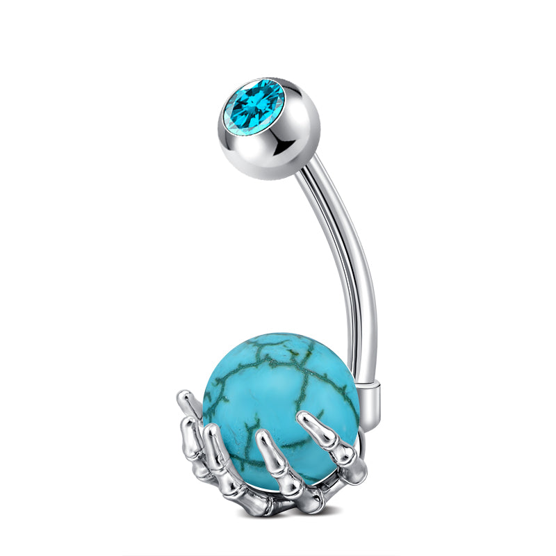 Skull Hand mit Turquoise Ball Belly Button Ring Silver Bar