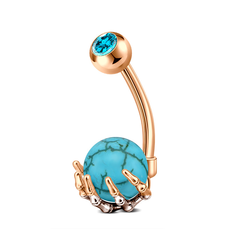 Skull Hand mit Turquoise Ball Belly Button Ring Rose Gold Bar