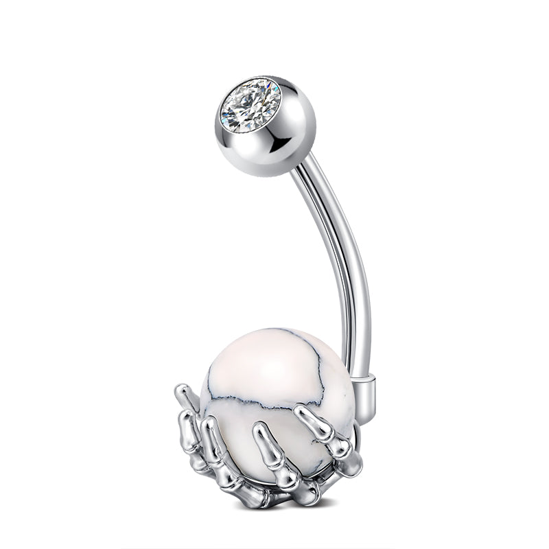 Skull Hand mit marble Ball Belly Button Ring Silver Bar