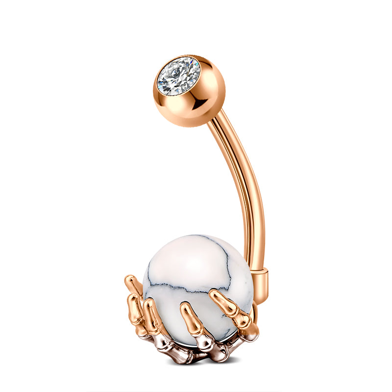 Skull Hand mit marble Ball Belly Button Ring Rose Gold Bar