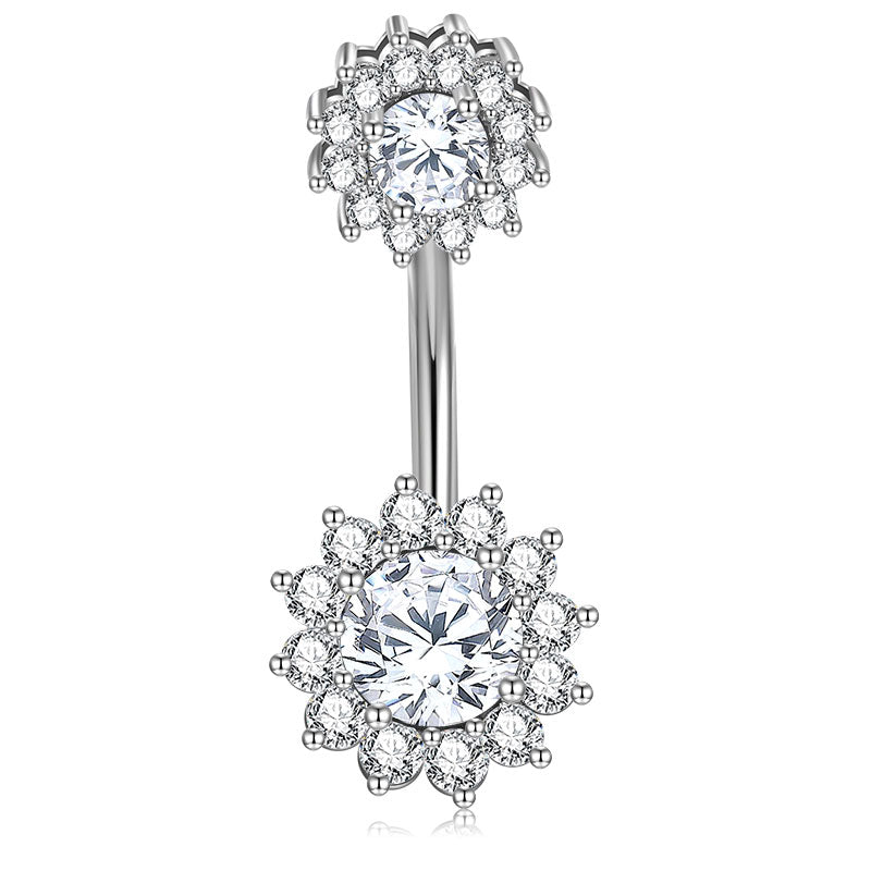 Silver Double CZ Flower belly ring