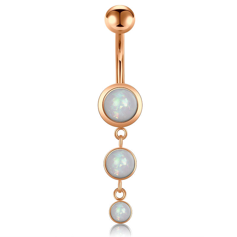 Rose Gold Bar White Triple Opal dangle Belly Rings