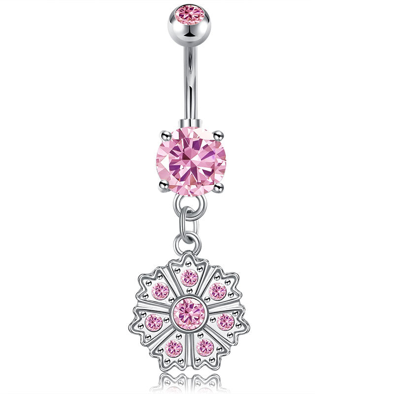 Pink CZ Flower dangle Belly Rings