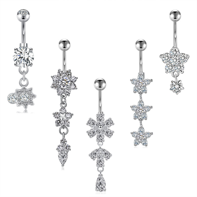 Shiny CZ Flower Dangle Belly Button Ring 14G Surgical Steel CZ Navel Ring Piercing Jewelry