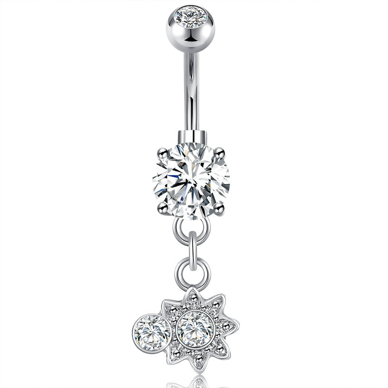Shiny CZ Flower Dangle Belly Button Ring 14G Surgical Steel CZ Navel Ring Piercing Jewelry