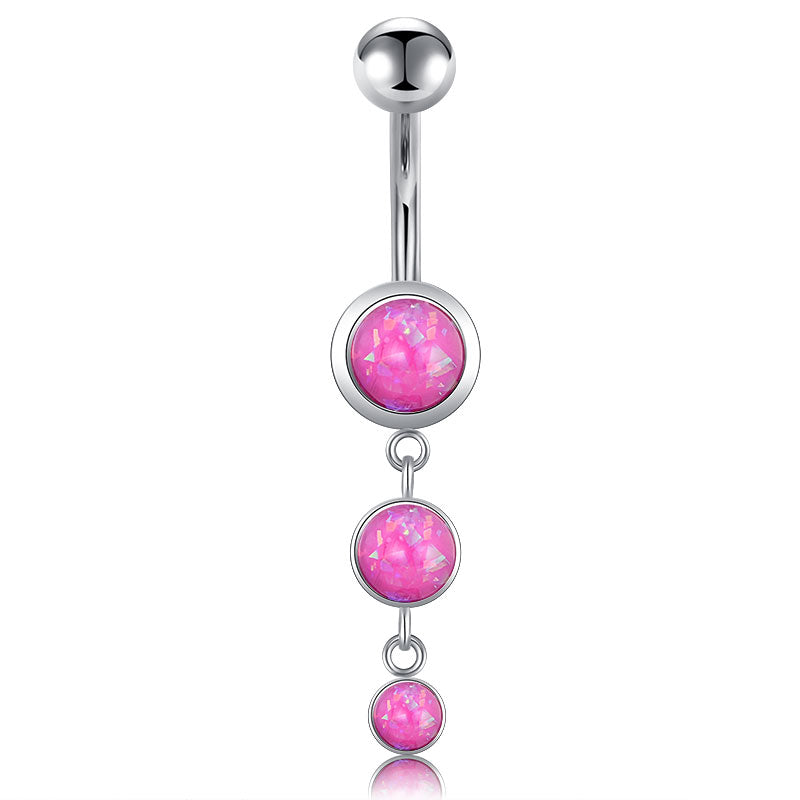 Silver Bar Pink Triple Opal dangle Belly Rings