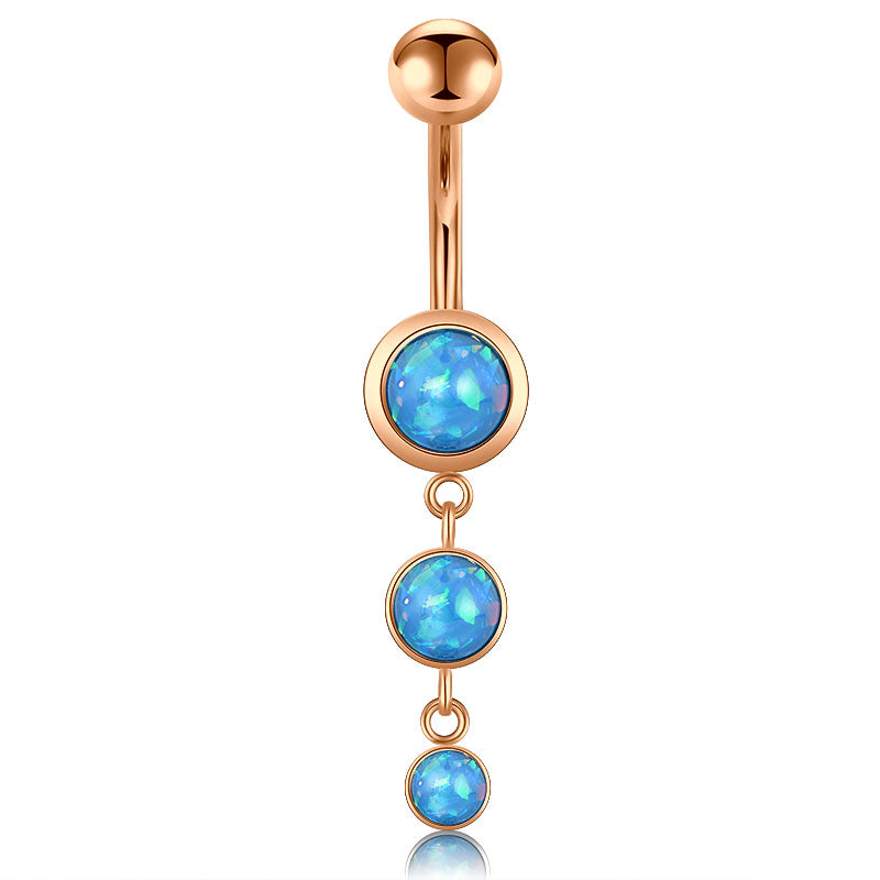 Rose Gold Bar Blue Triple Opal dangle Belly Rings