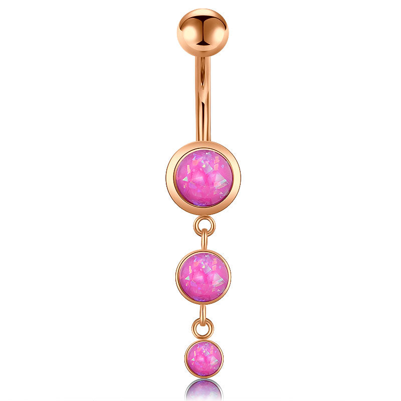 Rose Gold Bar Pink Triple Opal dangle Belly Rings