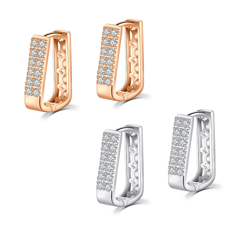 18G U Shape Two Row Crystal Clicker Hoop Earrings Silver Rosegold