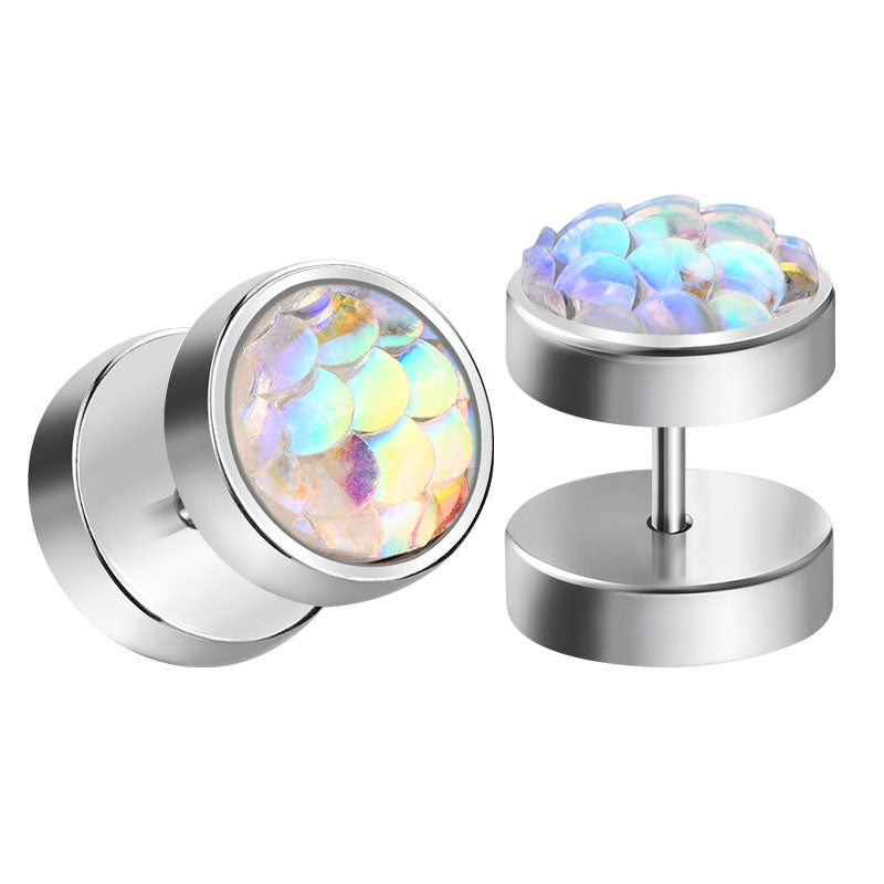 silver shiny men earrings studs fake ear plugs