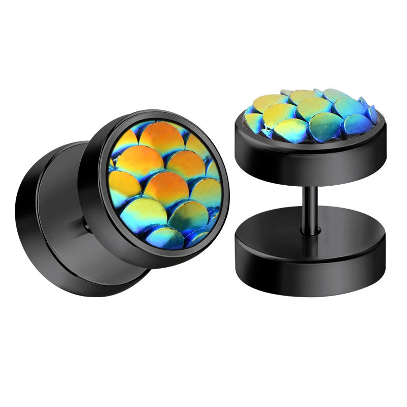 black shiny men earrings studs fake ear plugs