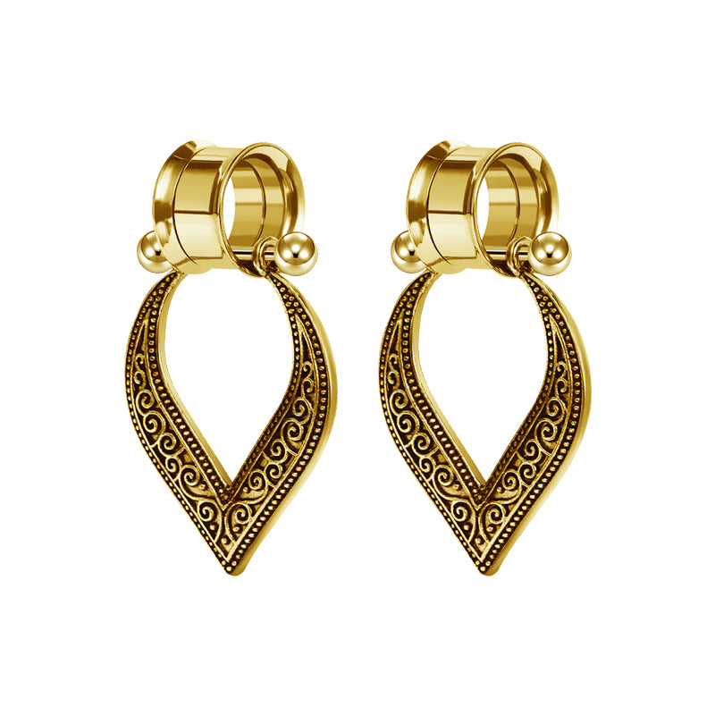 6mm gold Hollow Heart dangle ear tunnel plug