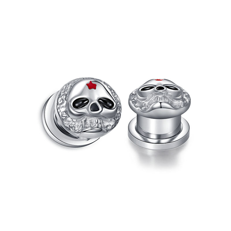 6mm silver skull round ear tunnel plug