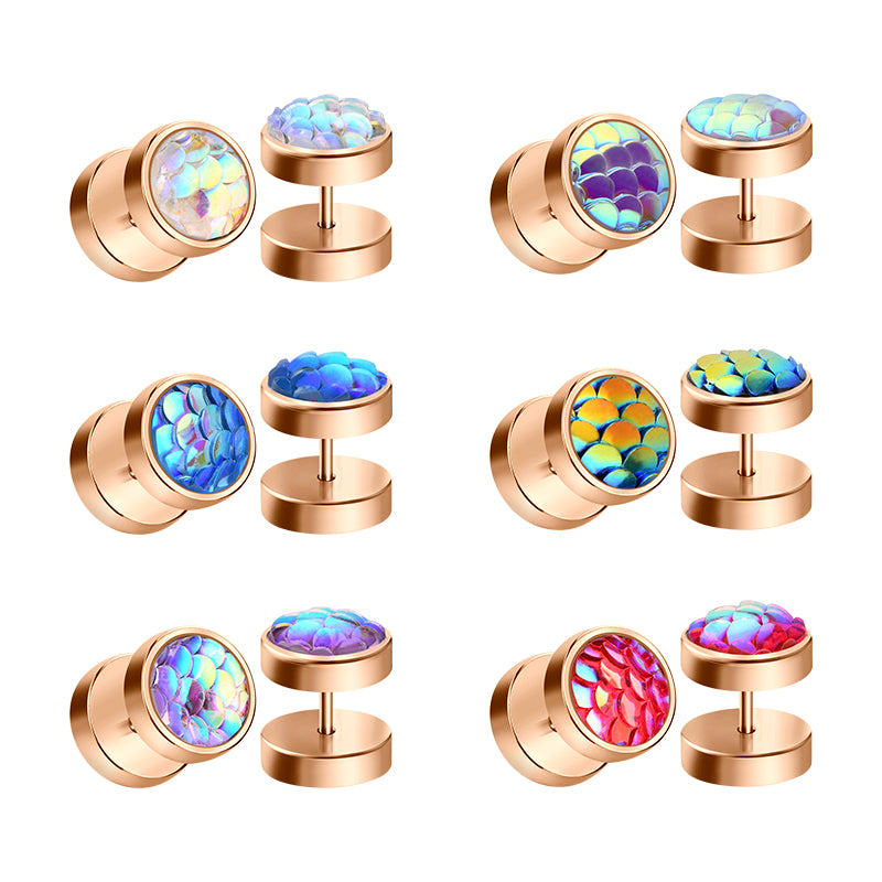 16G Rosegold Glitter Fish Scales Styles Fake Ear Plugs Men Earrings Studs Different Colors Available