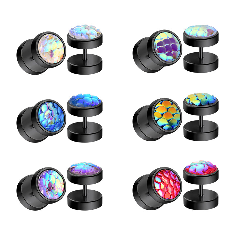 16G Black Glitter Fish Scales Styles Fake Ear Plugs Men Earrings Studs Different Colors Available