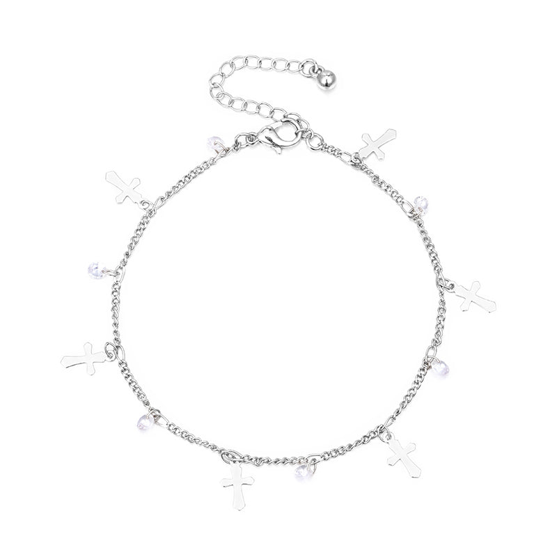 Silver Cross white crystal bead Anklet