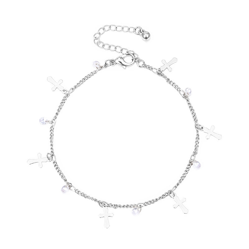 Silver Cross white crystal bead Anklet