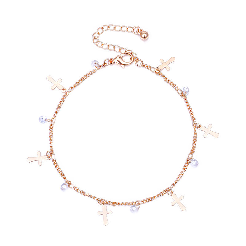 Rose Gold Cross white crystal bead Anklet