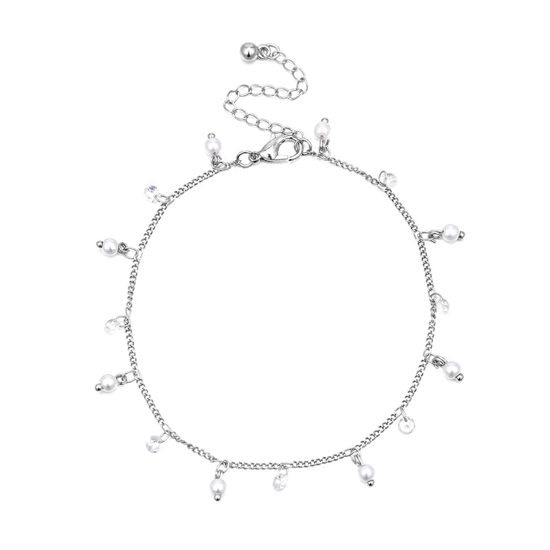 Silver Pearl White Diamond combination foot chain