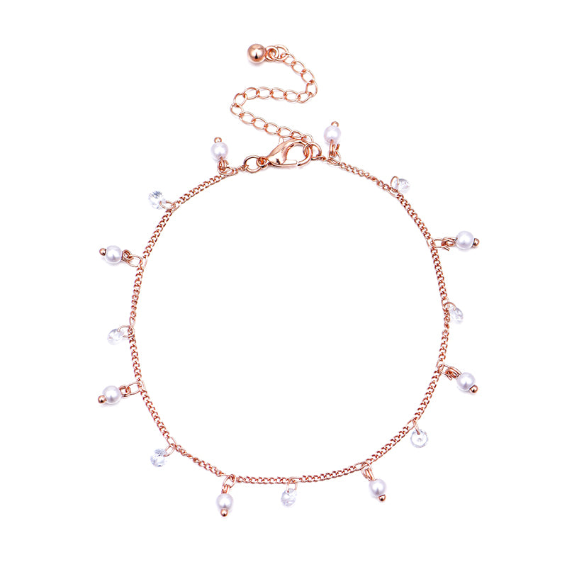 Rose Gold Pearl White Diamond combination foot chain