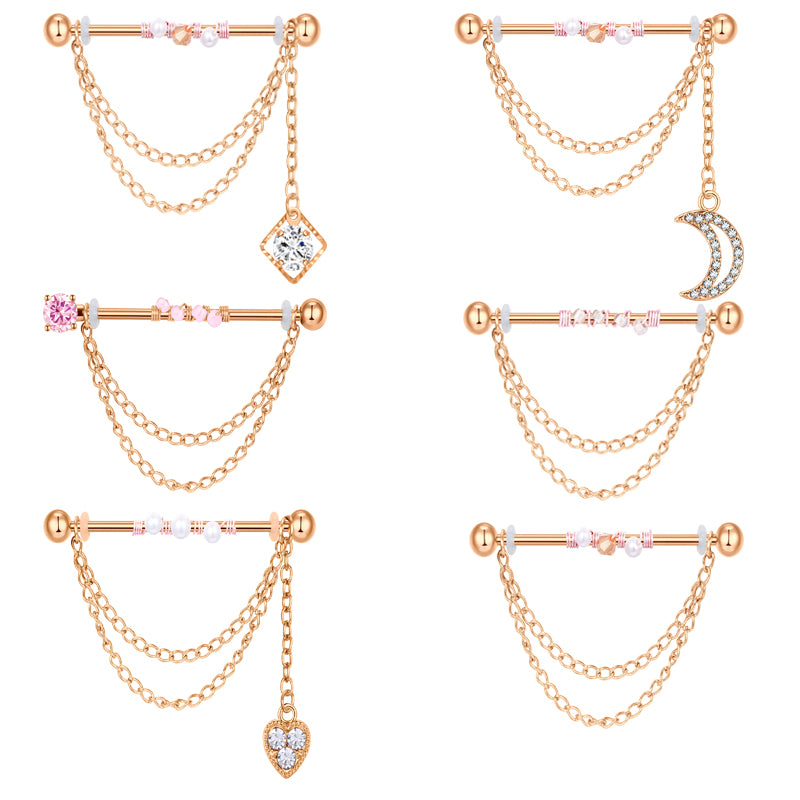 Earring Industrial Barbell Stainless Steel Rosegold Piercing 14G 38mm for women men Dangle Chain External Thread